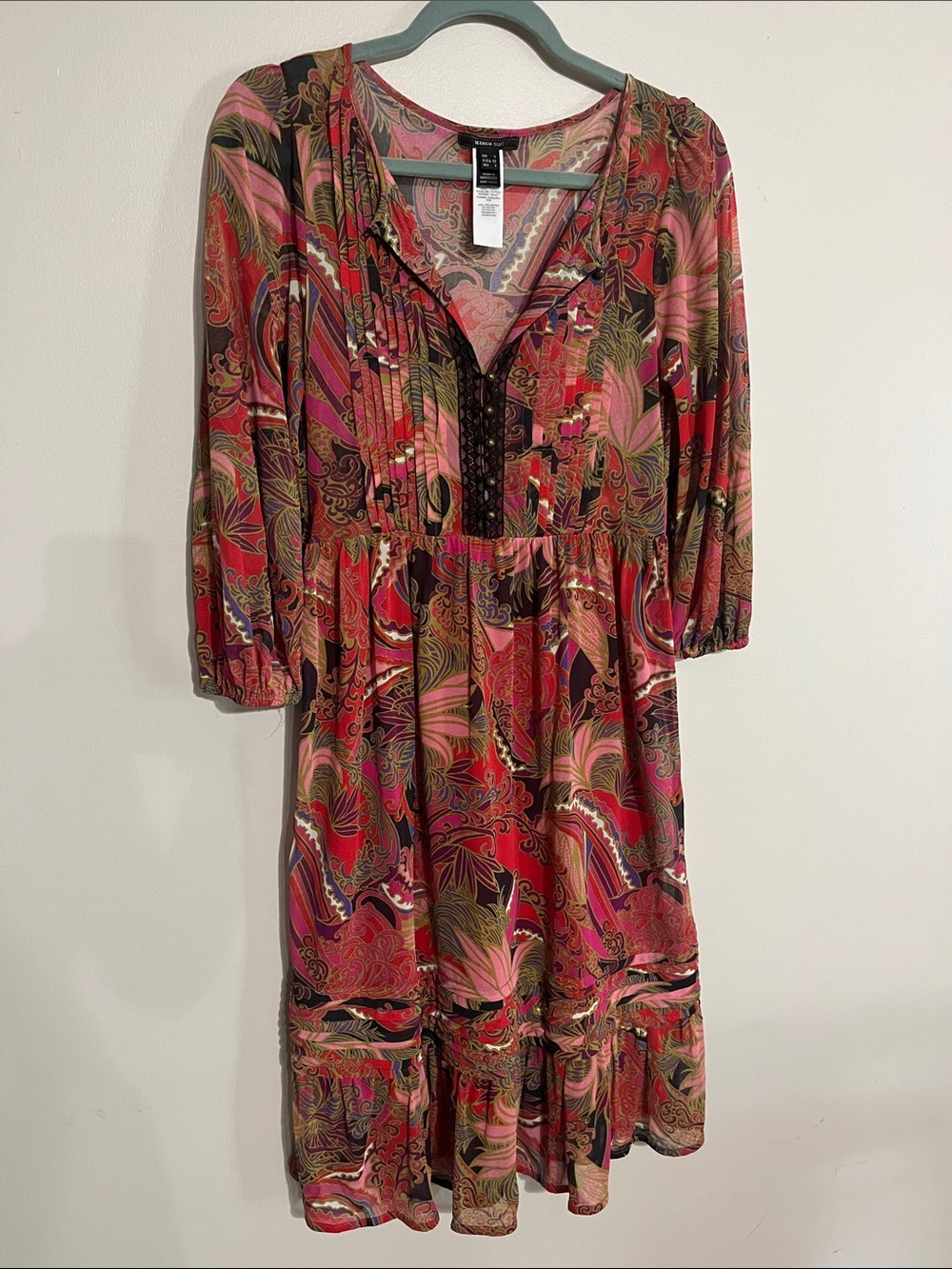Mango Pink and Red Paisley Tiered Midi Dress